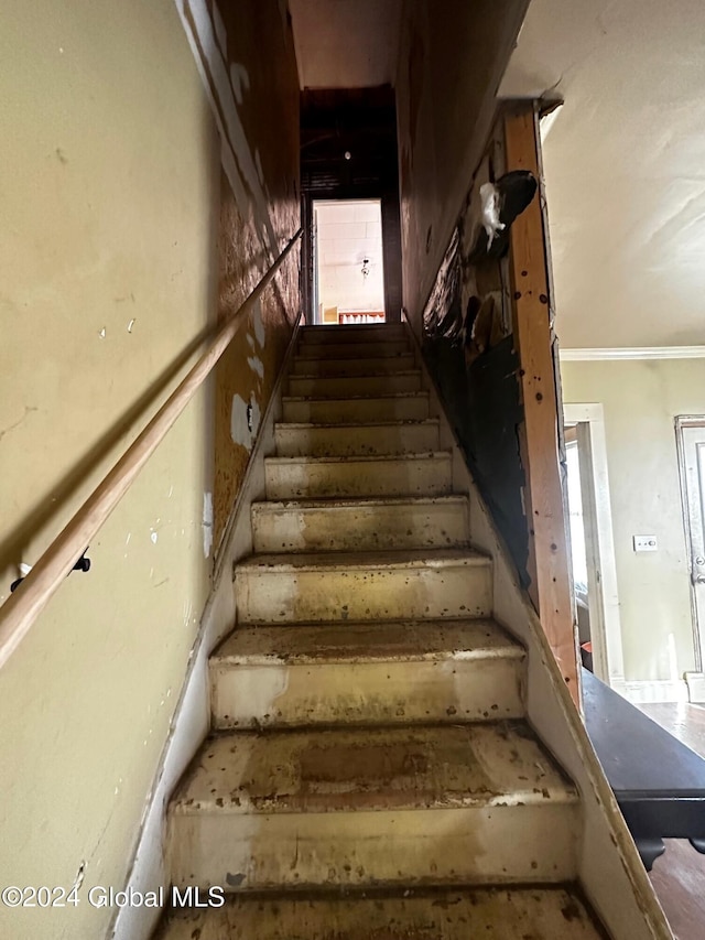 stairs with crown molding