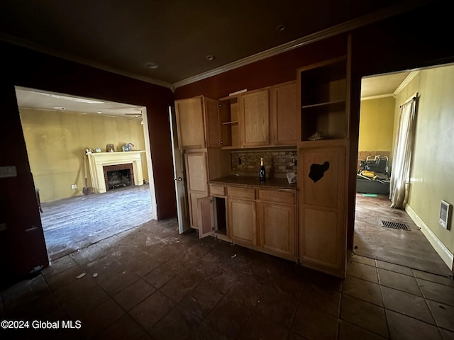109 High St, Cobleskill, NY 12043 - kitchen with open shelves, crown molding, a fireplace, backsplash, and dark tile patterned flooring