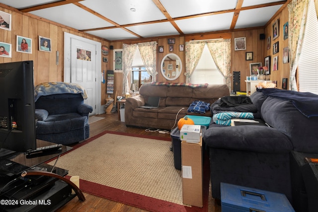 living room featuring wood walls, dark wood-type flooring, and coffered ceiling