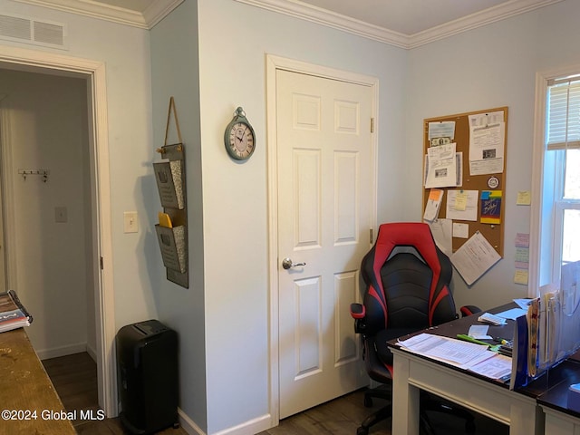 office with ornamental molding and dark hardwood / wood-style flooring