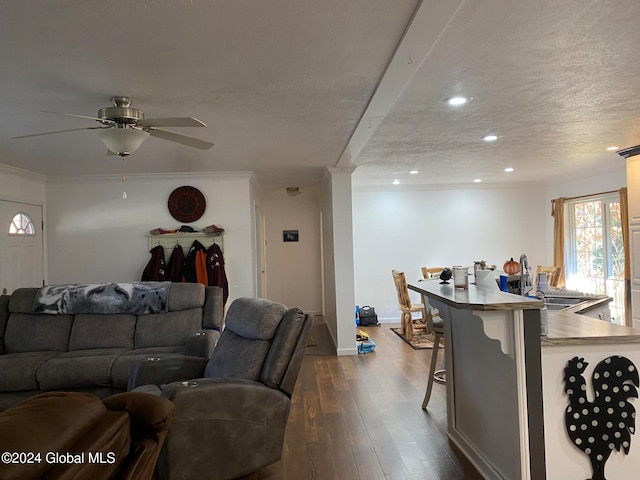 living room featuring hardwood / wood-style flooring, ornamental molding, sink, a textured ceiling, and ceiling fan