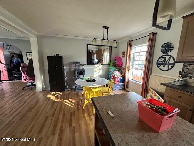 kitchen with crown molding, decorative light fixtures, and dark hardwood / wood-style flooring