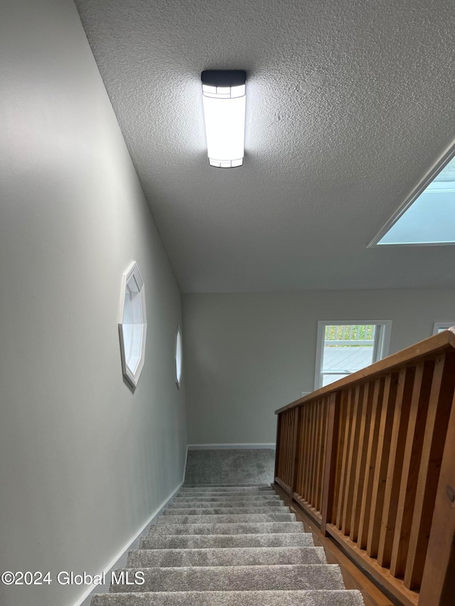 staircase with lofted ceiling with skylight, carpet, and a textured ceiling