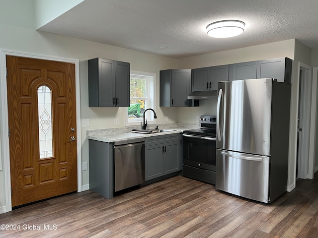 kitchen featuring hardwood / wood-style flooring, stainless steel appliances, sink, and gray cabinets