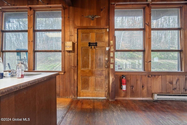 doorway featuring sink, a baseboard radiator, dark wood-type flooring, and wood walls