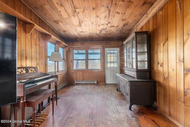 miscellaneous room with dark hardwood / wood-style floors, plenty of natural light, and wood walls