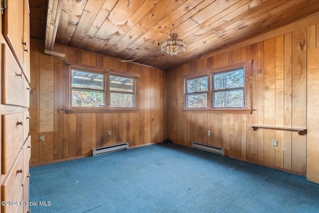 spare room with carpet, a baseboard radiator, wooden walls, and wood ceiling