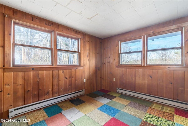 empty room with wooden walls and baseboard heating