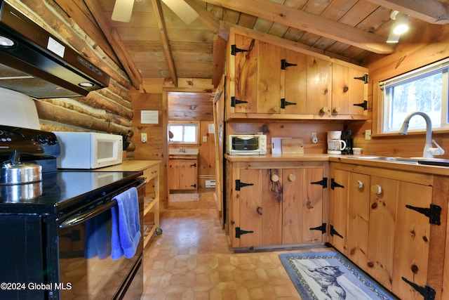 kitchen with white appliances, sink, wood ceiling, beam ceiling, and exhaust hood