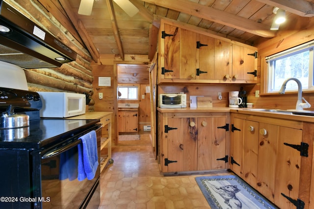 2 Mountain St, Greenfield, NY 12850 - kitchen featuring black electric range, wood ceiling, range hood, white microwave, and a sink