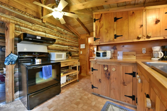 kitchen featuring wood ceiling, lofted ceiling with beams, black electric range oven, ceiling fan, and extractor fan