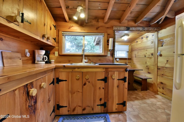 2 Mountain St, Greenfield, NY 12850 - kitchen featuring a sink, wooden ceiling with exposed beams, wooden walls, freestanding refrigerator, and wooden counters