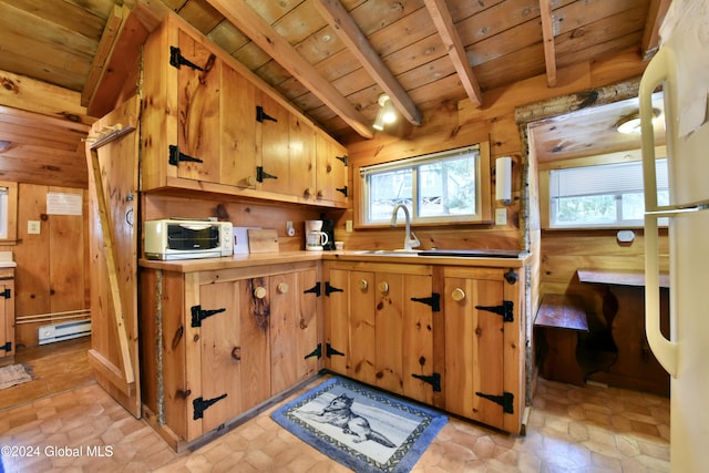 kitchen featuring sink, a baseboard heating unit, wood ceiling, lofted ceiling with beams, and wooden walls