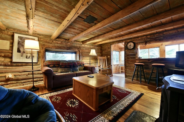 living room with hardwood / wood-style floors, beam ceiling, wooden ceiling, and plenty of natural light