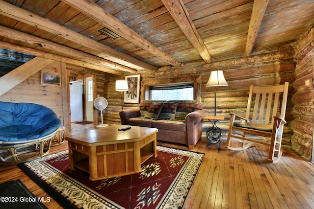 living area with log walls, wooden ceiling, wood-type flooring, and beam ceiling