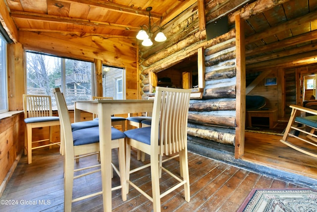 2 Mountain St, Greenfield, NY 12850 - dining area featuring wooden ceiling, wood-type flooring, log walls, and a chandelier