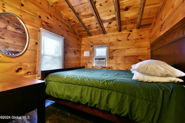 bedroom with wood ceiling and lofted ceiling with beams