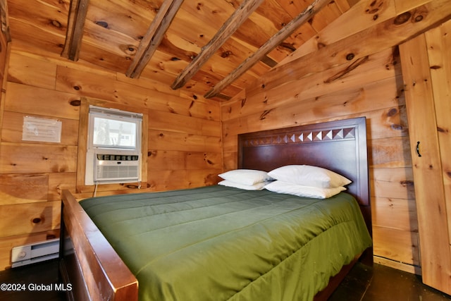 bedroom with wooden walls, wooden ceiling, and vaulted ceiling with beams