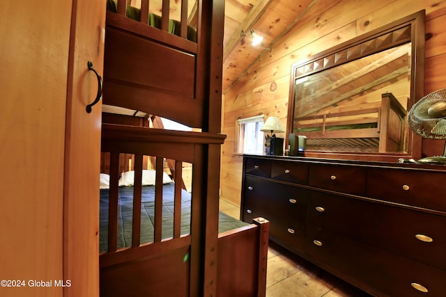 2 Mountain St, Greenfield, NY 12850 - bedroom featuring wooden walls, vaulted ceiling, and wood ceiling