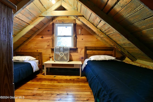 2 Mountain St, Greenfield, NY 12850 - bedroom with wooden ceiling, wood-type flooring, lofted ceiling, and wood walls