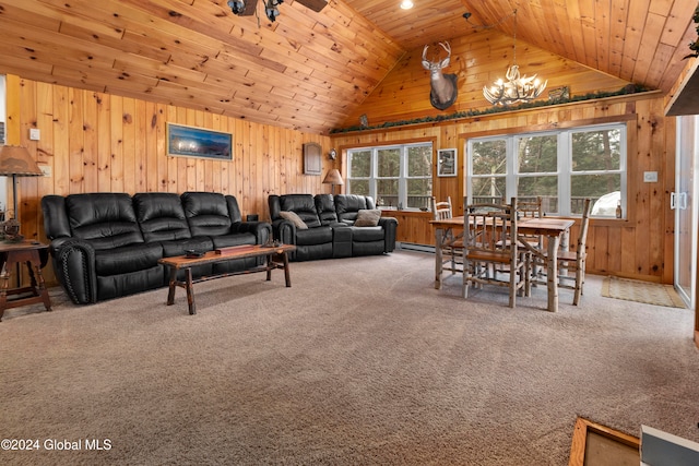 living room featuring an inviting chandelier, wood ceiling, wood walls, and carpet flooring