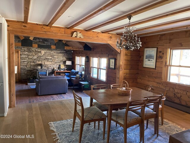 dining room with dark hardwood / wood-style flooring, an inviting chandelier, wood walls, beamed ceiling, and baseboard heating