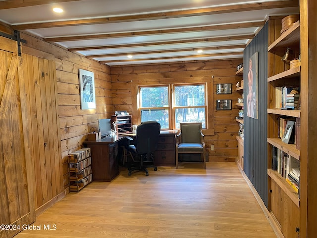 office featuring light hardwood / wood-style floors, wood walls, and beam ceiling