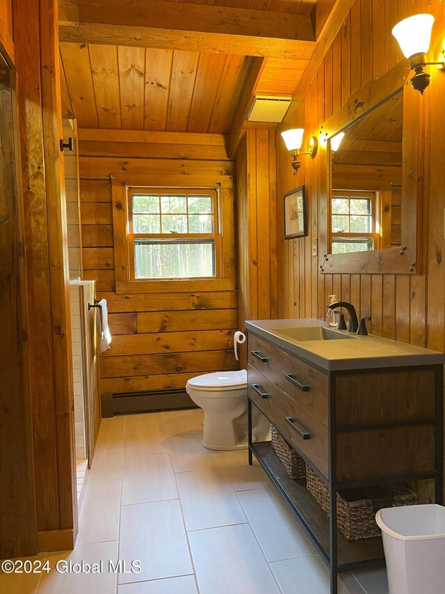 bathroom featuring vanity, wood ceiling, toilet, and plenty of natural light