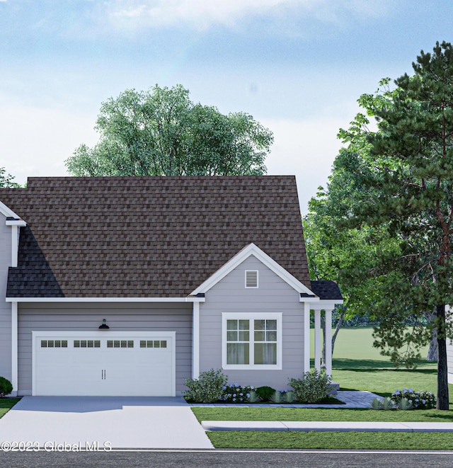 view of front of property with a garage, a shingled roof, a front lawn, and driveway