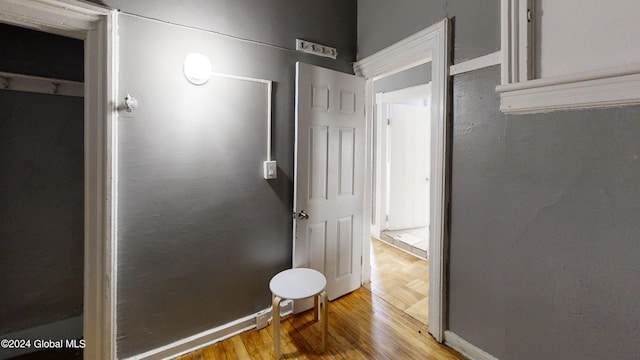 bathroom with hardwood / wood-style flooring