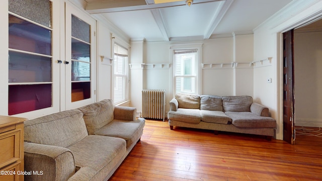 living room with beam ceiling, light wood-type flooring, radiator, and ornamental molding