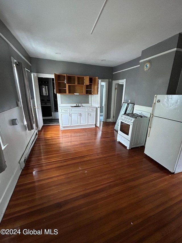 kitchen with white appliances, dark wood-type flooring, white cabinets, sink, and a baseboard radiator