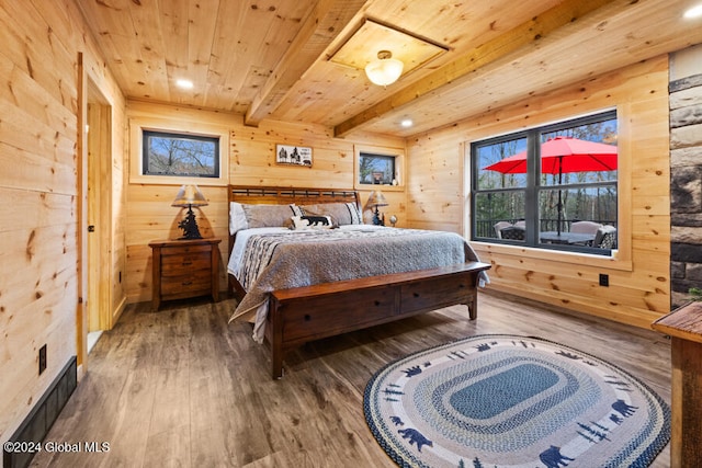 bedroom featuring hardwood / wood-style floors, wood ceiling, wood walls, and beam ceiling