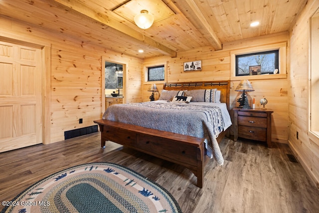 bedroom with hardwood / wood-style floors, beam ceiling, wood walls, and wood ceiling