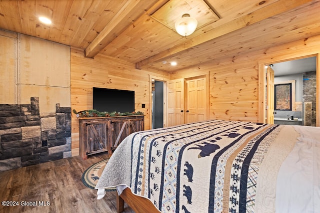 bedroom featuring hardwood / wood-style floors, wood walls, wood ceiling, and beamed ceiling