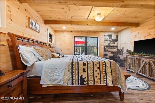 bedroom with hardwood / wood-style floors, wooden ceiling, and beamed ceiling