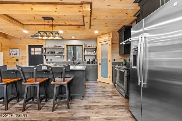 kitchen with hardwood / wood-style floors, a breakfast bar, pendant lighting, a kitchen island, and stainless steel appliances