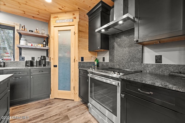 kitchen with backsplash, wall chimney exhaust hood, wood ceiling, electric stove, and light hardwood / wood-style flooring