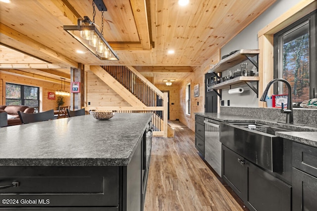 kitchen featuring light wood-type flooring, stainless steel dishwasher, wood ceiling, a center island, and wood walls