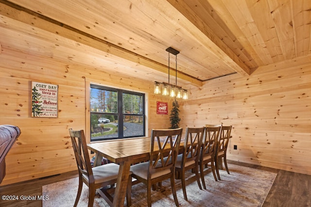 dining space featuring beam ceiling, wooden walls, hardwood / wood-style floors, and wood ceiling