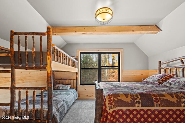 carpeted bedroom featuring vaulted ceiling