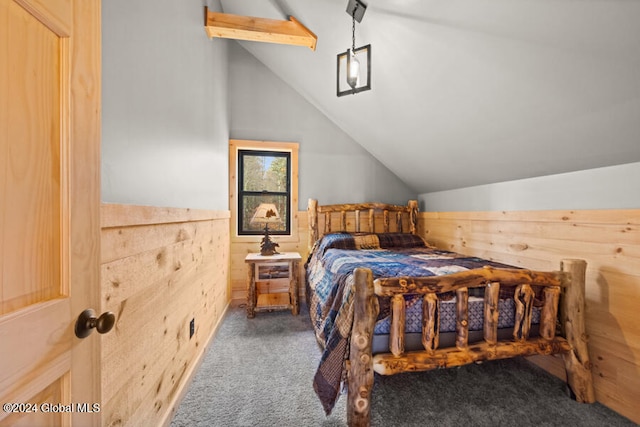 bedroom featuring carpet flooring and vaulted ceiling