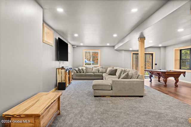 living room with wood-type flooring, decorative columns, and billiards