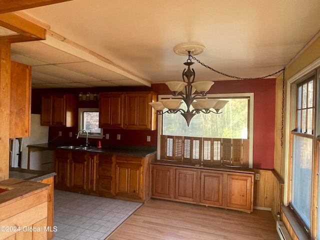 kitchen with a chandelier, plenty of natural light, and light hardwood / wood-style flooring