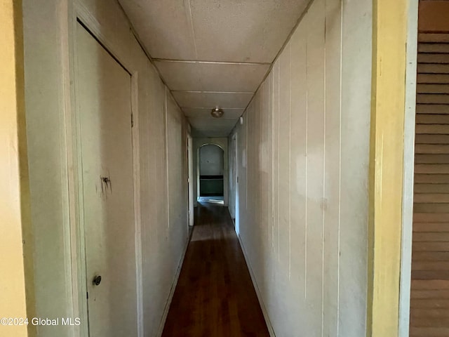 hallway featuring wooden walls and hardwood / wood-style flooring