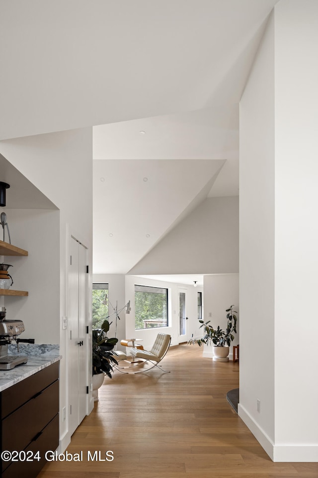 interior space with high vaulted ceiling and light hardwood / wood-style flooring