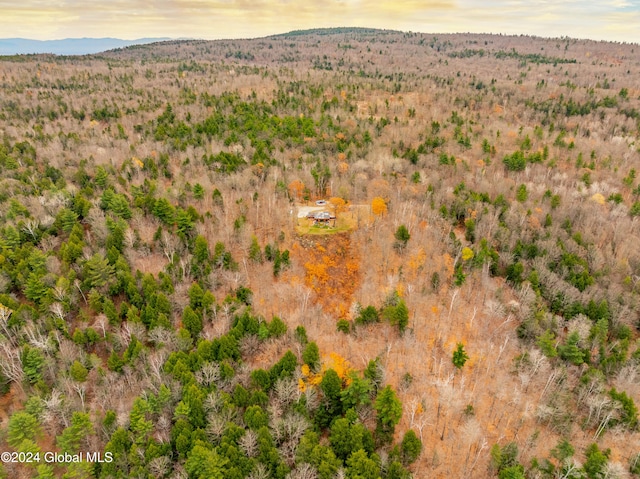 aerial view at dusk featuring a mountain view and a wooded view