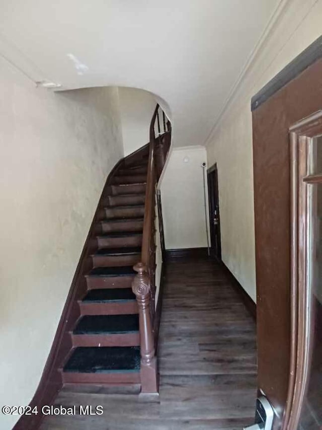 staircase with hardwood / wood-style flooring and ornamental molding