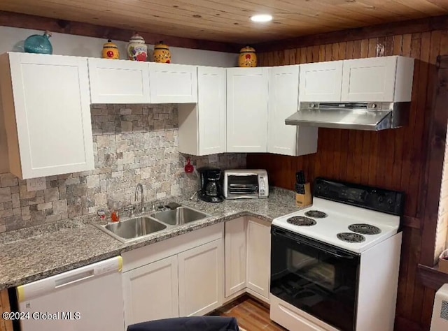 kitchen with dishwasher, white cabinetry, white electric stove, and range hood