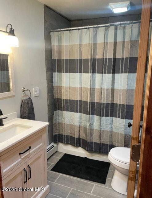 bathroom featuring walk in shower, vanity, a baseboard radiator, and toilet